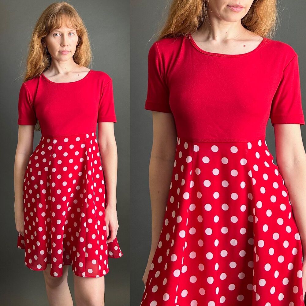 Vintage 1990s Red White Polka Dot Short Sleeve Mini Dress, Small